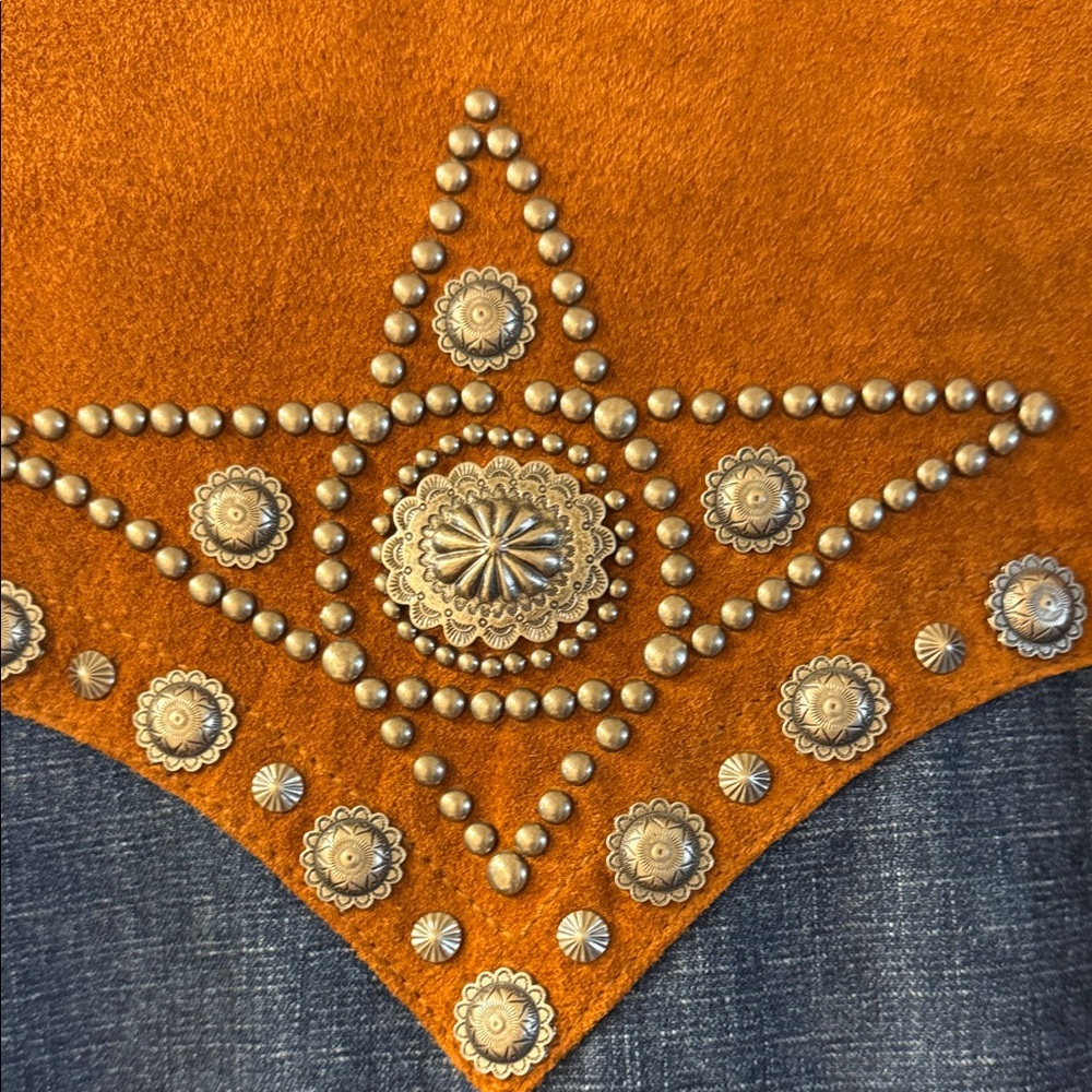Stunning Cripple Creek Brown Leather Jacket w/ heavy Blue Jean Fabric & Conchos - Picture 9 of 16
